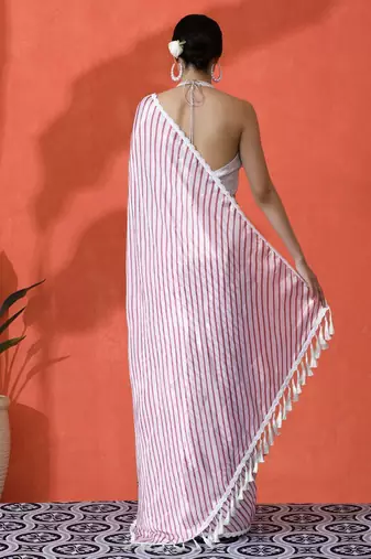 White embellished striped printed digital printed satin saree with blouse piece