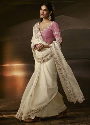 Off white zari organza with gotta patti  aari work designer saree 2