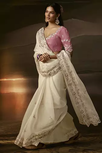 Off white zari organza with gotta patti  aari work designer saree