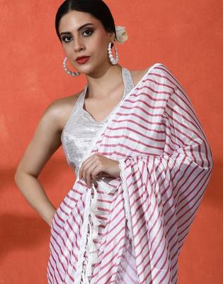 White embellished striped printed digital printed satin saree with blouse piece 5