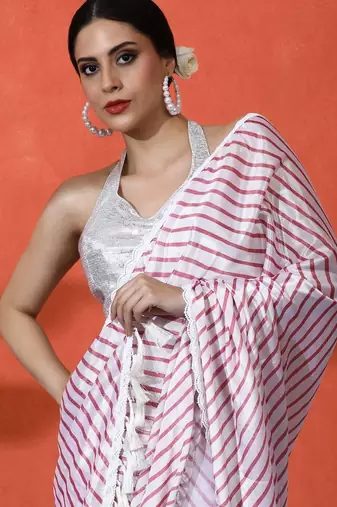 White embellished striped printed digital printed satin saree with blouse piece