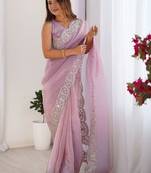 Pink tissue silk sequence embroideried border blouse piece & sarees