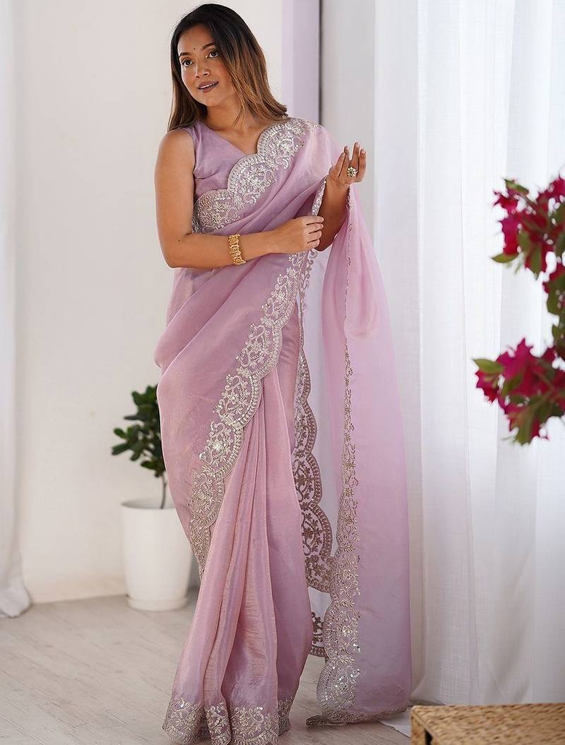 Pink tissue silk sequence embroideried border blouse piece & sarees