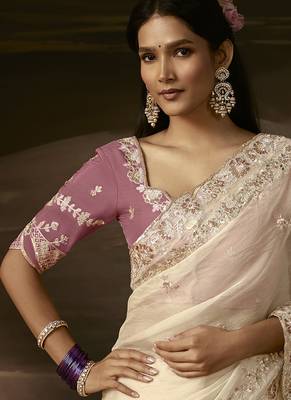 Off white zari organza with gotta patti  aari work designer saree 4