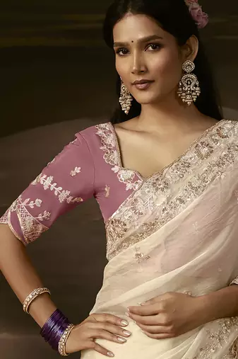 Off white zari organza with gotta patti  aari work designer saree