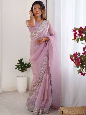 Pink tissue silk sequence embroideried border blouse piece & sarees 2
