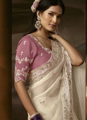 Off white zari organza with gotta patti  aari work designer saree 5