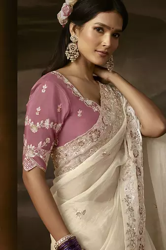 Off white zari organza with gotta patti  aari work designer saree