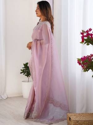 Pink tissue silk sequence embroideried border blouse piece & sarees 3