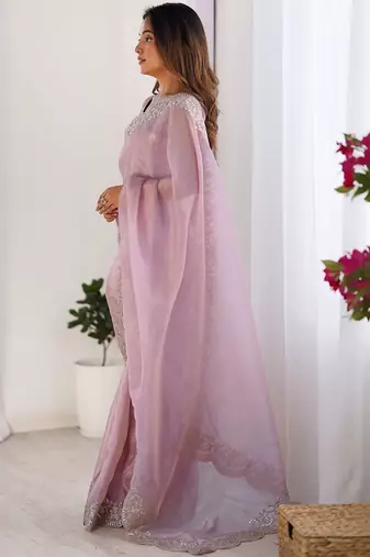 Pink tissue silk sequence embroideried border blouse piece & sarees