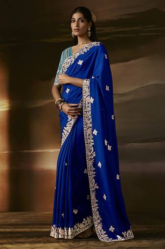 Blue zari organza with gotta patti  aari work designer saree