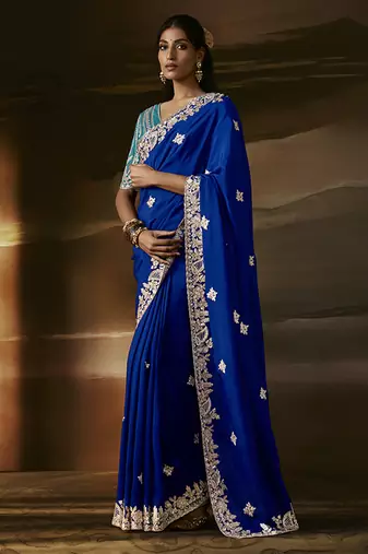Blue zari organza with gotta patti  aari work designer saree