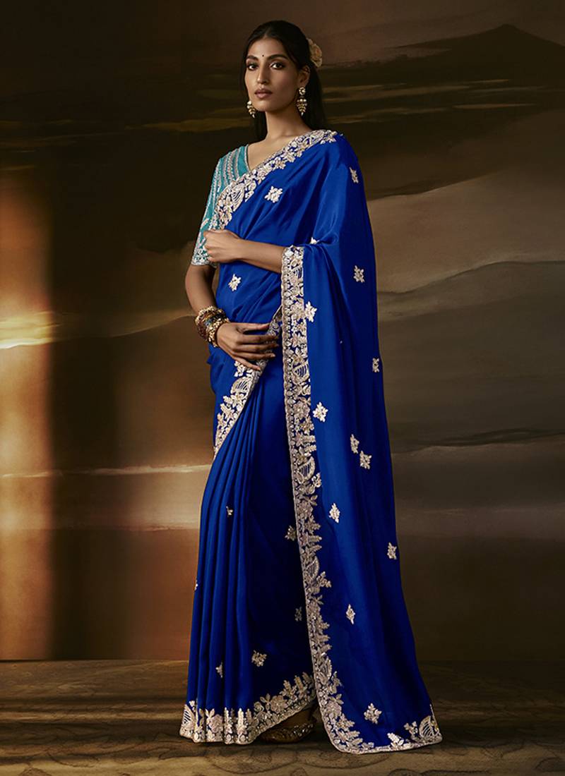 Blue zari organza with gotta patti  aari work designer saree