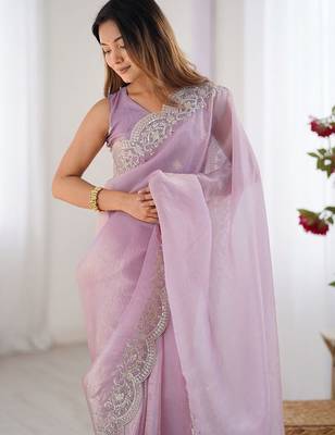 Pink tissue silk sequence embroideried border blouse piece & sarees 4