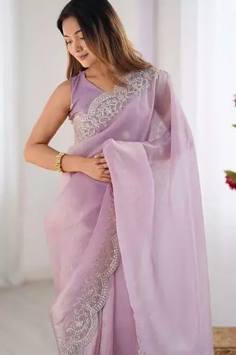 Pink tissue silk sequence embroideried border blouse piece & sarees