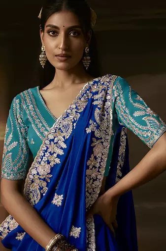 Blue zari organza with gotta patti  aari work designer saree