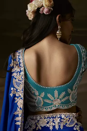 Blue zari organza with gotta patti  aari work designer saree