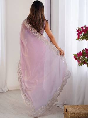 Pink tissue silk sequence embroideried border blouse piece & sarees 5