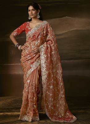 Light orange zari organza with gotta patti  aari work designer saree 1