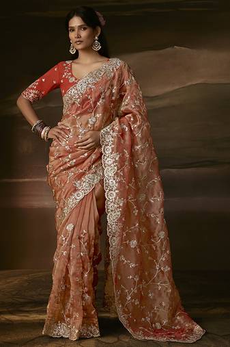 Light orange zari organza with gotta patti  aari work designer saree