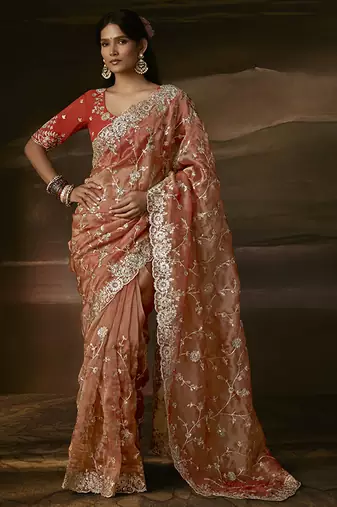 Light orange zari organza with gotta patti  aari work designer saree
