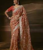Light orange zari organza with gotta patti  aari work designer saree