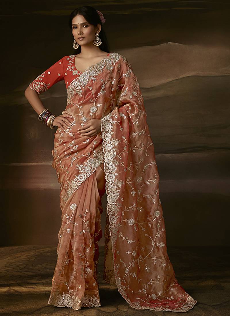 Light orange zari organza with gotta patti  aari work designer saree