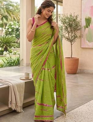 Green shibori printed  cotton saree with blouse piece 1