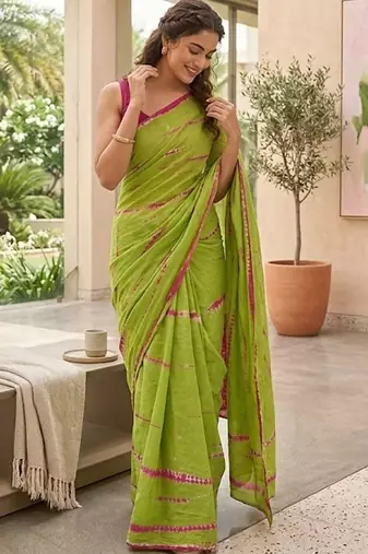 Green shibori printed  cotton saree with blouse piece
