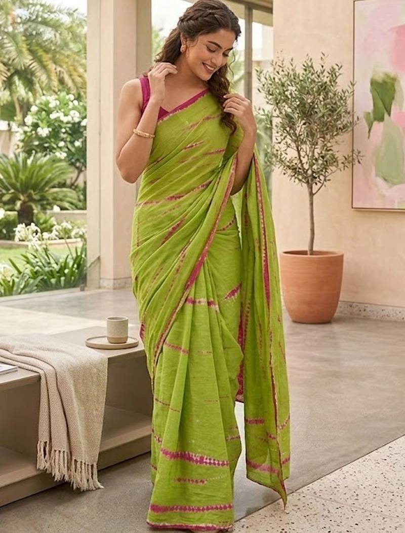 Green shibori printed  cotton saree with blouse piece