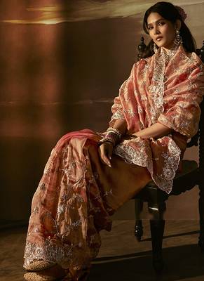 Light orange zari organza with gotta patti  aari work designer saree 2