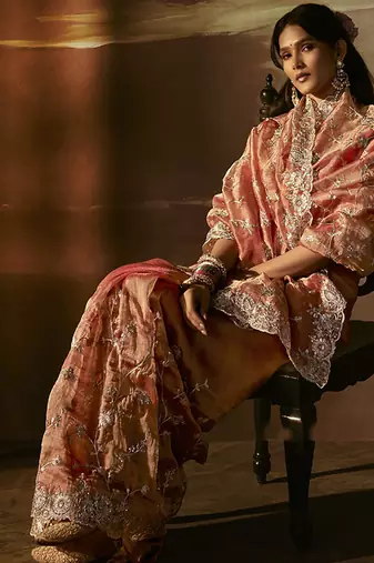Light orange zari organza with gotta patti  aari work designer saree