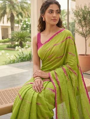 Green shibori printed  cotton saree with blouse piece 3