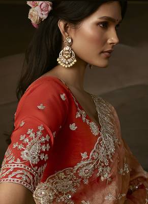 Light orange zari organza with gotta patti  aari work designer saree 4