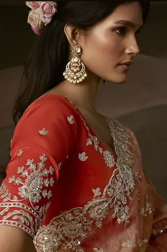 Light orange zari organza with gotta patti  aari work designer saree