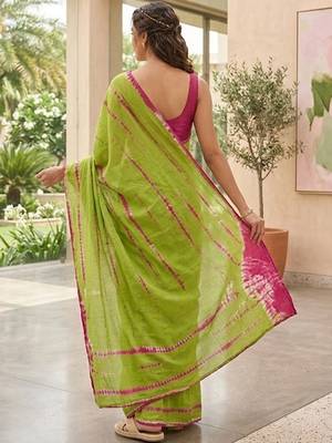 Green shibori printed  cotton saree with blouse piece 4