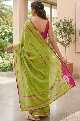 Green shibori printed  cotton saree with blouse piece