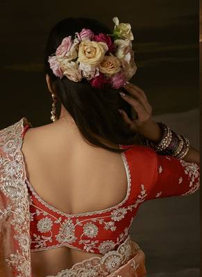 Light orange zari organza with gotta patti  aari work designer saree 5