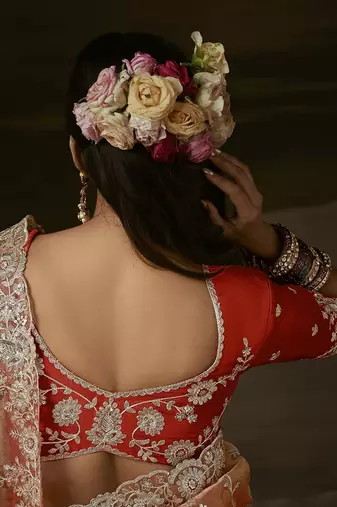 Light orange zari organza with gotta patti  aari work designer saree