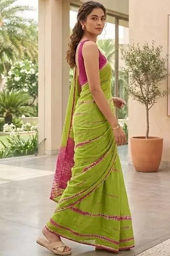Green shibori printed  cotton saree with blouse piece