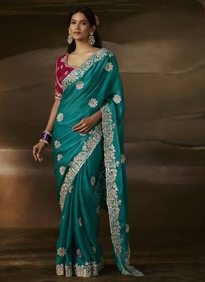 Teal zari organza with gotta patti  aari work designer saree 1