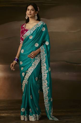 Teal zari organza with gotta patti  aari work designer saree