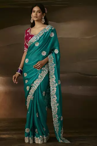 Teal zari organza with gotta patti  aari work designer saree