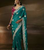 Teal zari organza with gotta patti  aari work designer saree