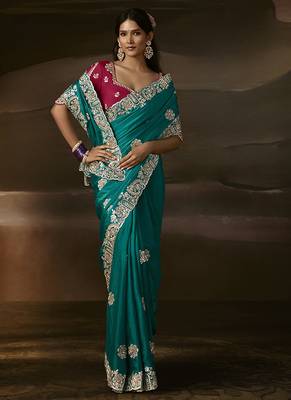 Teal zari organza with gotta patti  aari work designer saree 2