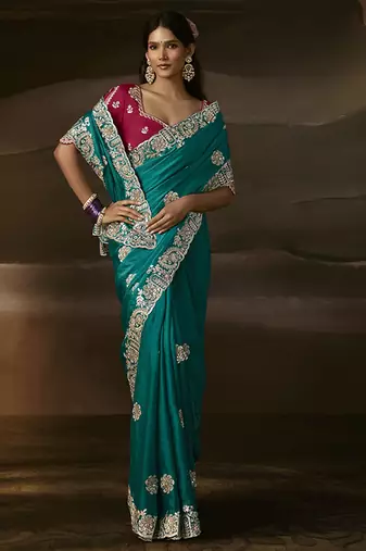 Teal zari organza with gotta patti  aari work designer saree