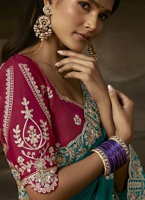 Teal zari organza with gotta patti  aari work designer saree 3