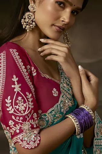 Teal zari organza with gotta patti  aari work designer saree