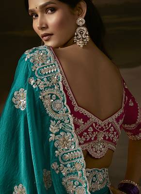 Teal zari organza with gotta patti  aari work designer saree 4