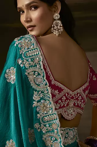 Teal zari organza with gotta patti  aari work designer saree